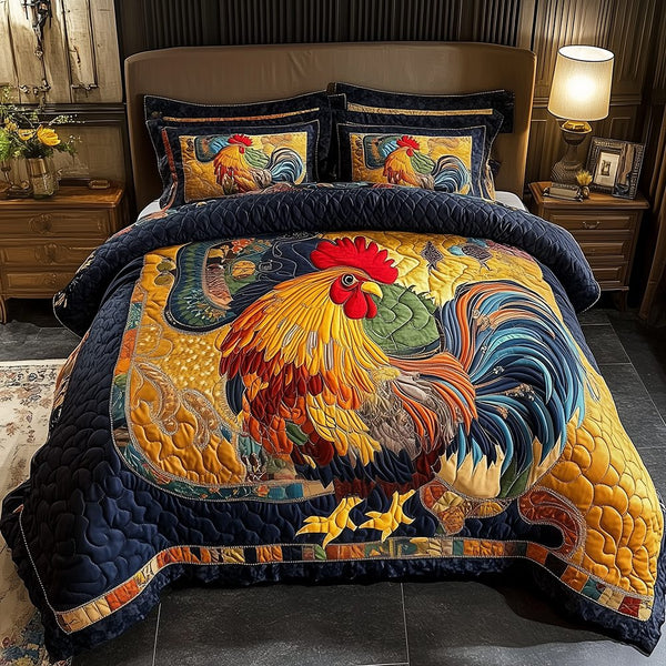 Colorburst Cock quilted 3-piece bedding set on a made bed with two matching pillow shams