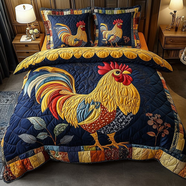 Colorburst Cock quilted 3-piece bedding set on a made bed with two matching pillow shams