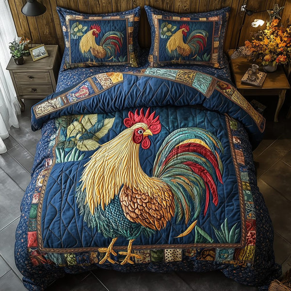 Colorburst Cock quilted 3-piece bedding set on a made bed with two matching pillow shams