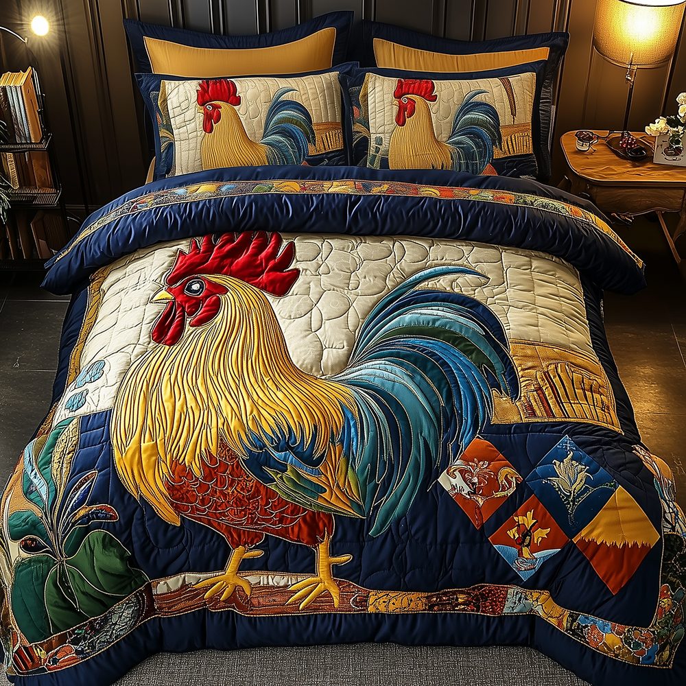 Colorburst Cock quilted 3-piece bedding set on a made bed with two matching pillow shams