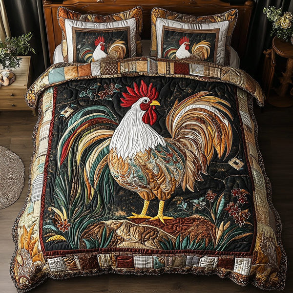 Colorburst Cock quilted 3-piece bedding set on a made bed with two matching pillow shams