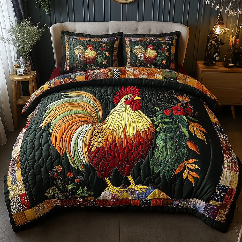 Colorburst Cock quilted 3-piece bedding set on a made bed with two matching pillow shams
