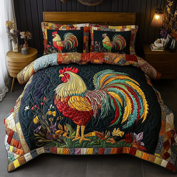 Colorburst Cock quilted 3-piece bedding set on a made bed with two matching pillow shams