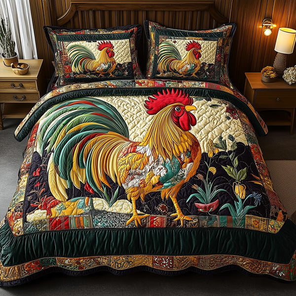 Colorburst Cock quilted 3-piece bedding set on a made bed with two matching pillow shams