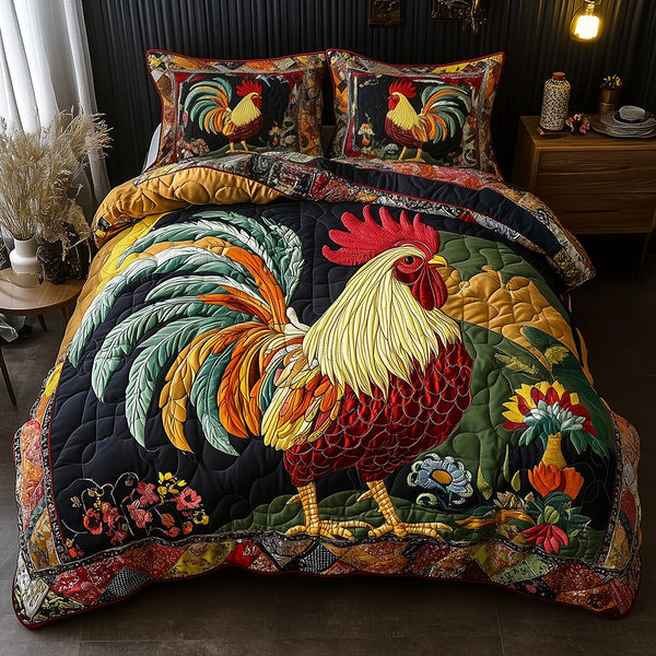 Colorburst Cock quilted 3-piece bedding set on a made bed with two matching pillow shams