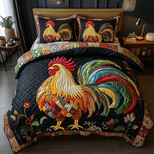 Colorburst Cock quilted 3-piece bedding set on a made bed with two matching pillow shams