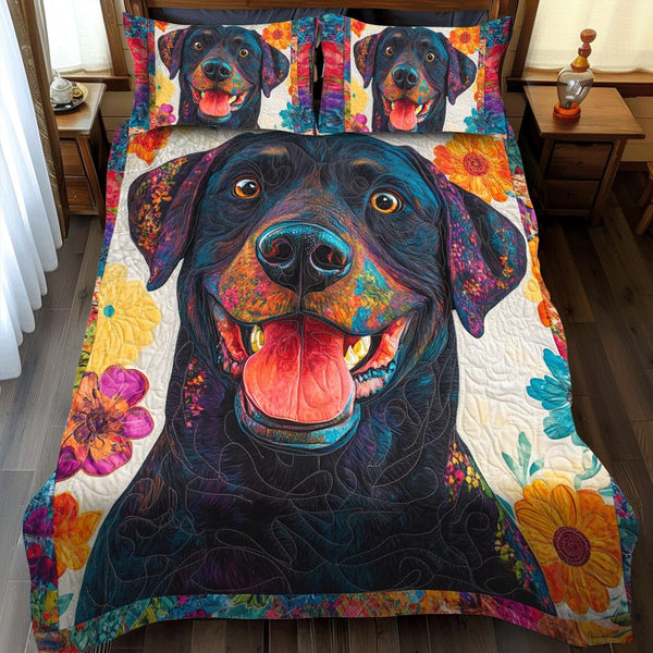 Colorful Adorable Labrador quilted 3-piece bedding set on a made bed with two matching pillow shams