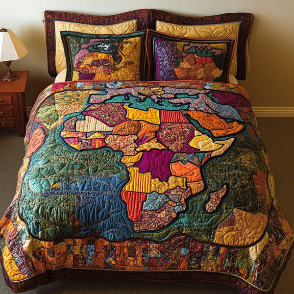 Colorful Africa Map quilted 3-piece bedding set on a made bed with two matching pillow shams