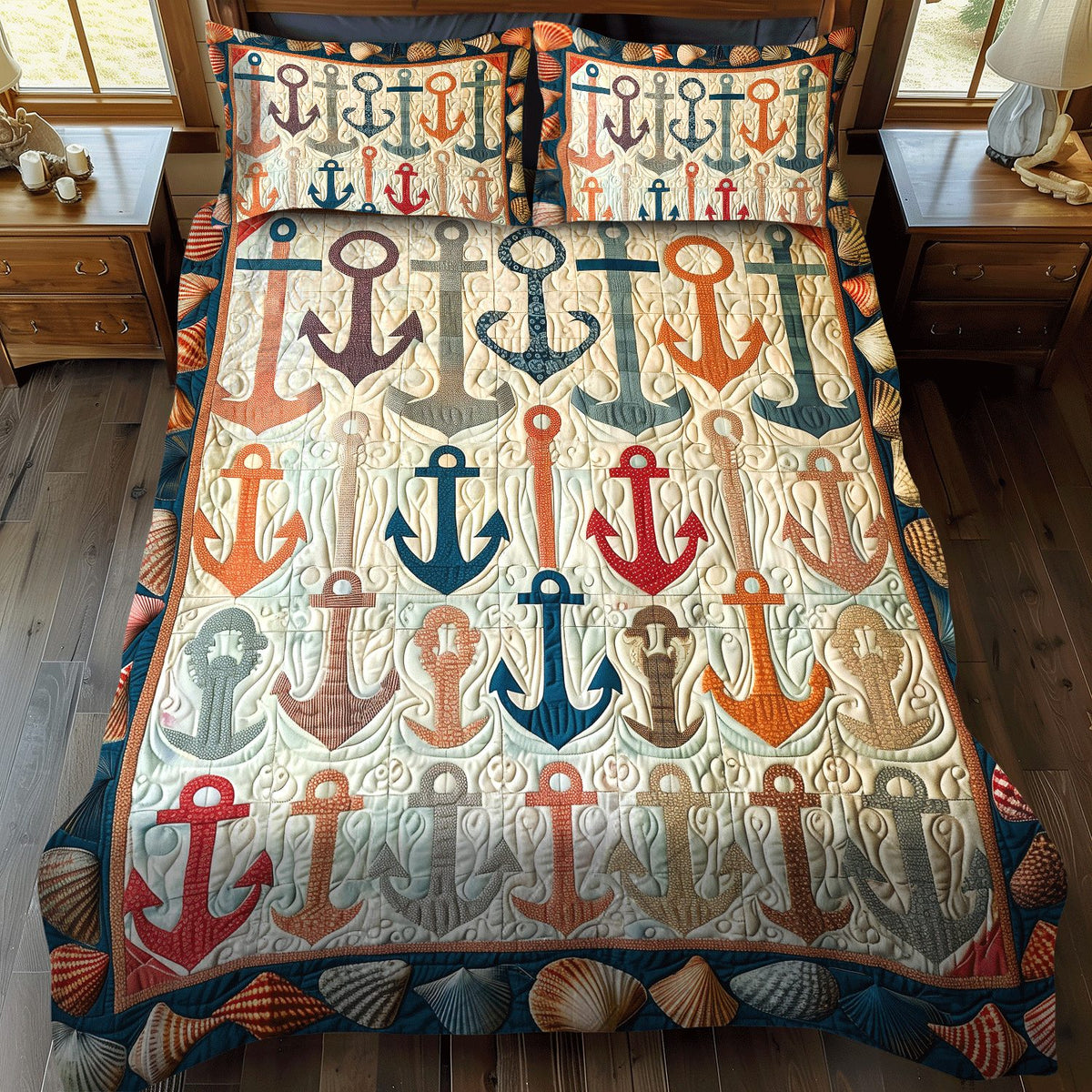 Colorful Anchors quilted 3-piece bedding set on a made bed in a light coastal bedroom