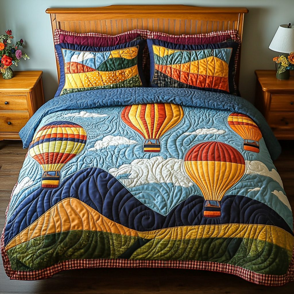 Colorful Ascent quilted 3-piece bedding set on a made bed with two matching pillow shams