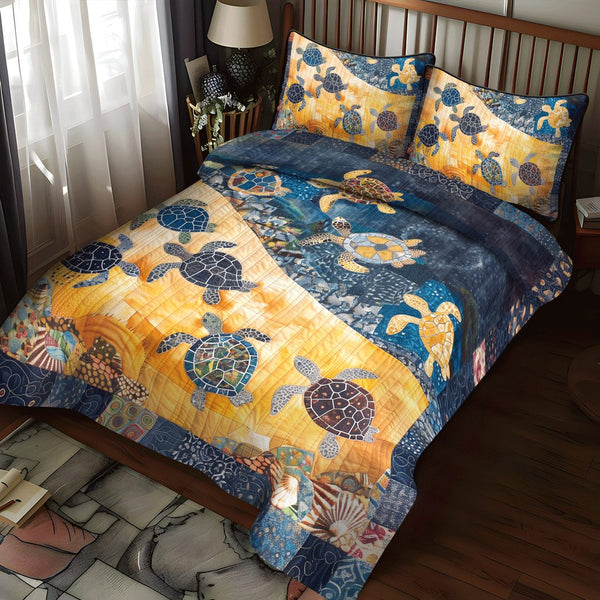 Colorful Baby Turtles quilted 3-piece bedding set on a made bed in a light coastal bedroom