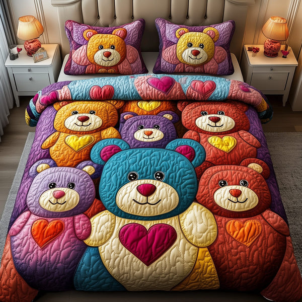 Colorful Bear Charm quilted 3-piece bedding set on a made bed with two matching pillow shams