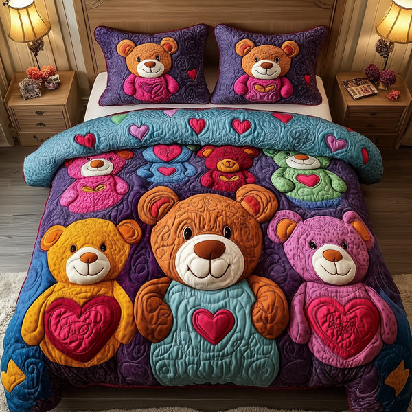 Colorful Bear Charm quilted 3-piece bedding set on a made bed with two matching pillow shams