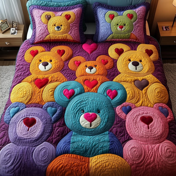 Colorful Bear Charm quilted 3-piece bedding set on a made bed with two matching pillow shams