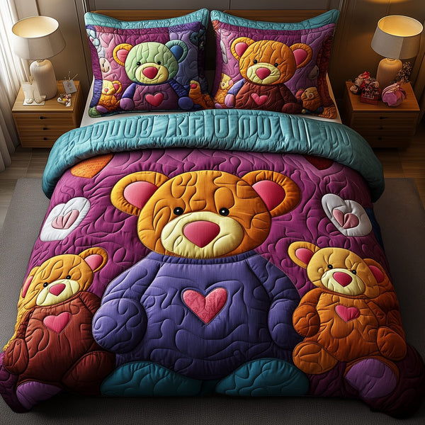 Colorful Bear Charm quilted 3-piece bedding set on a made bed with two matching pillow shams