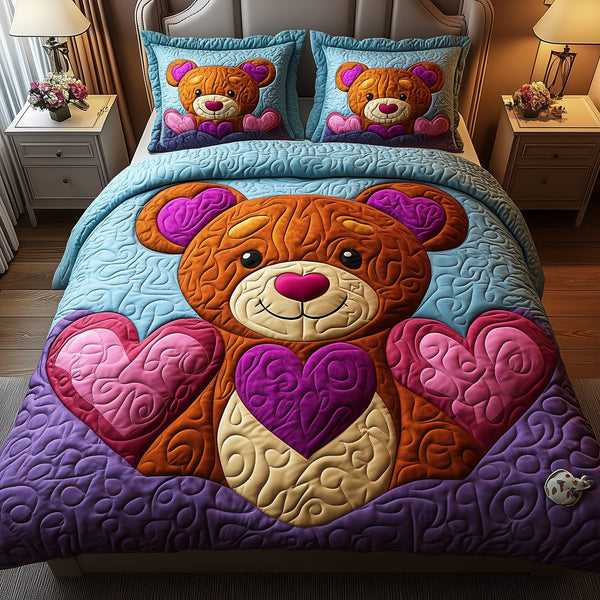 Colorful Bear Charm quilted 3-piece bedding set on a made bed with two matching pillow shams