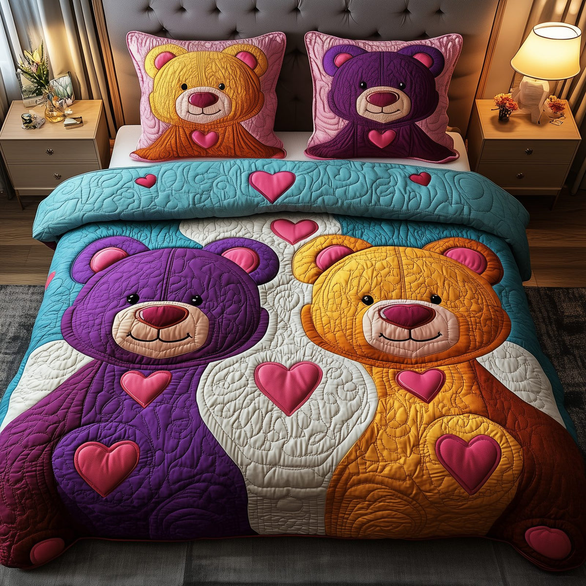 Colorful Bear Charm quilted 3-piece bedding set on a made bed with two matching pillow shams