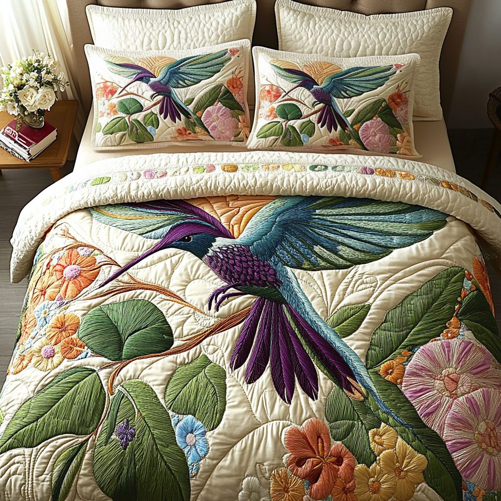 Colorful Bloom quilted 3-piece bedding set on a made bed with two matching pillow shams
