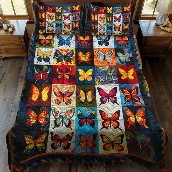 Colorful Butterflies quilted 3-piece bedding set on a made bed with two matching pillow shams