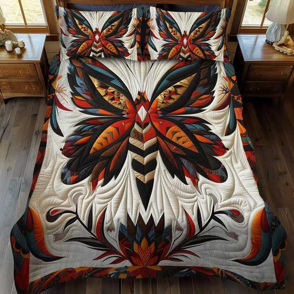 Colorful Butterfly quilted 3-piece bedding set on a made bed with two matching pillow shams