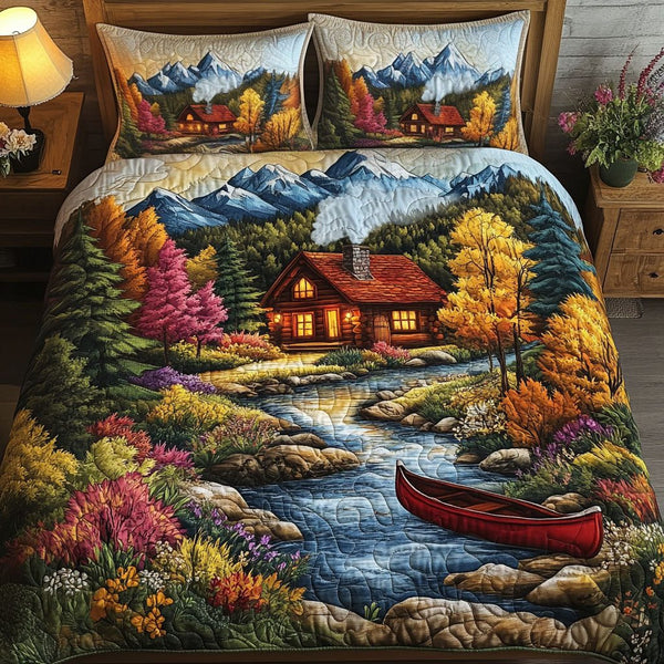 Colorful Cabin Stream quilted 3-piece bedding set on a made bed with two matching pillow shams