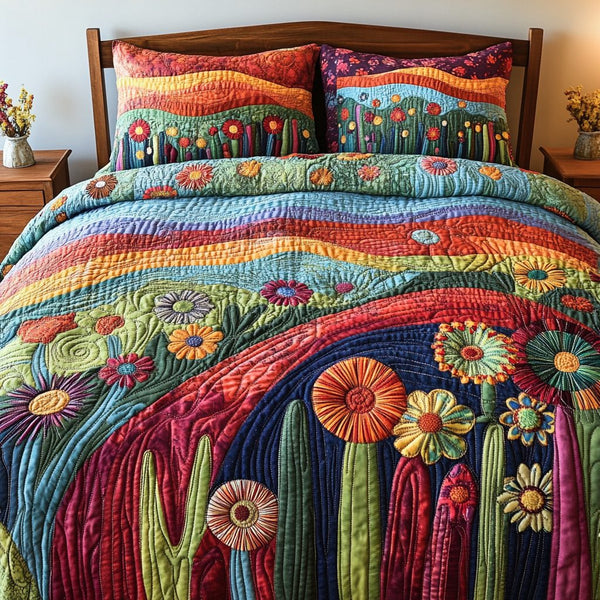 Colorful Cactus Field quilted 3-piece bedding set on a made bed with two matching pillow shams