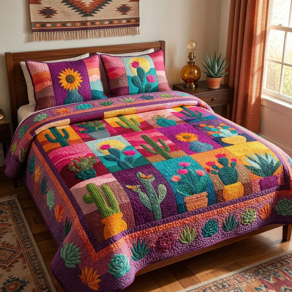 Colorful Cactus Garden quilted 3-piece bedding set on a made bed with two matching pillow shams