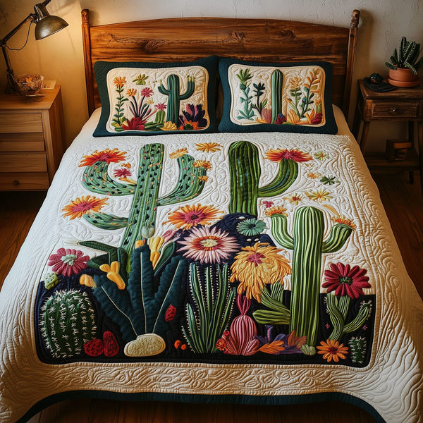 Colorful Cactus quilted 3-piece bedding set on a made bed with two matching pillow shams