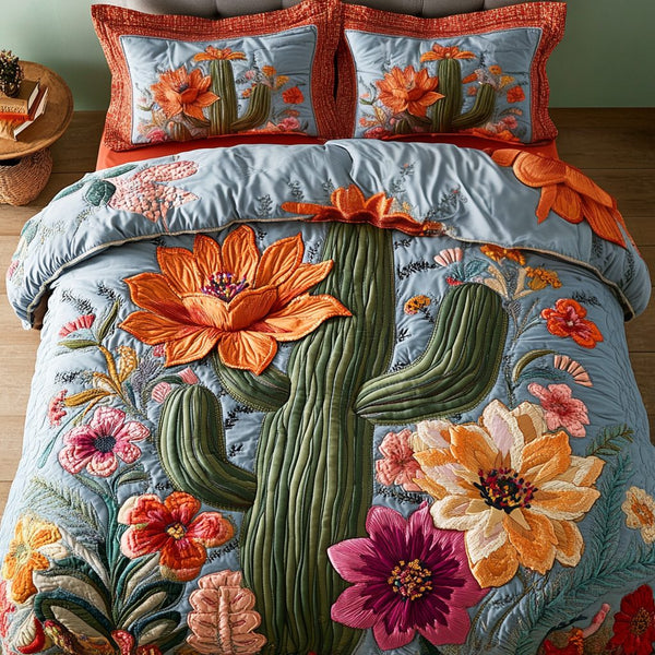 Colorful Cactus quilted 3-piece bedding set on a made bed with two matching pillow shams