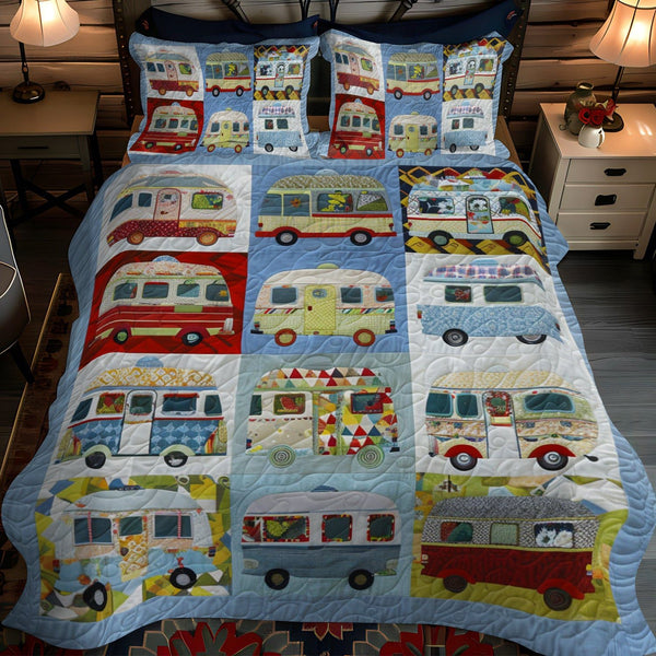 Colorful Camper Life quilted 3-piece bedding set on a made bed with two matching pillow shams