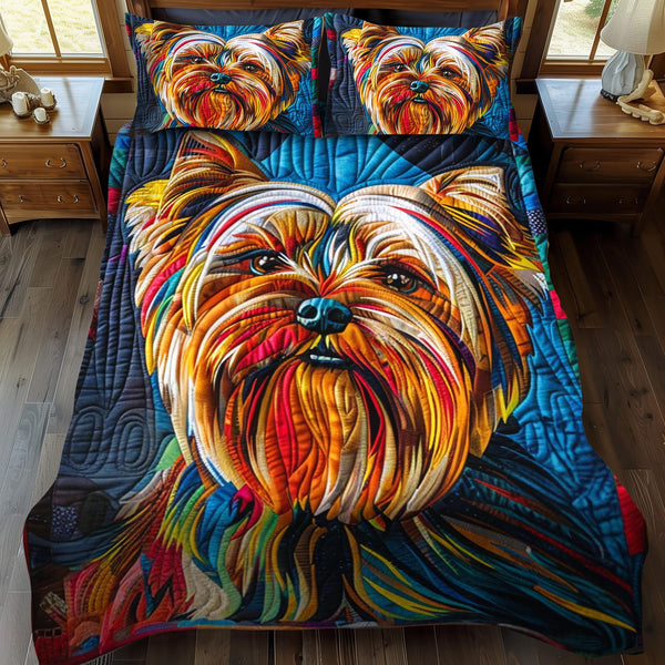 Colorful Canine quilted 3-piece bedding set on a made bed with two matching pillow shams