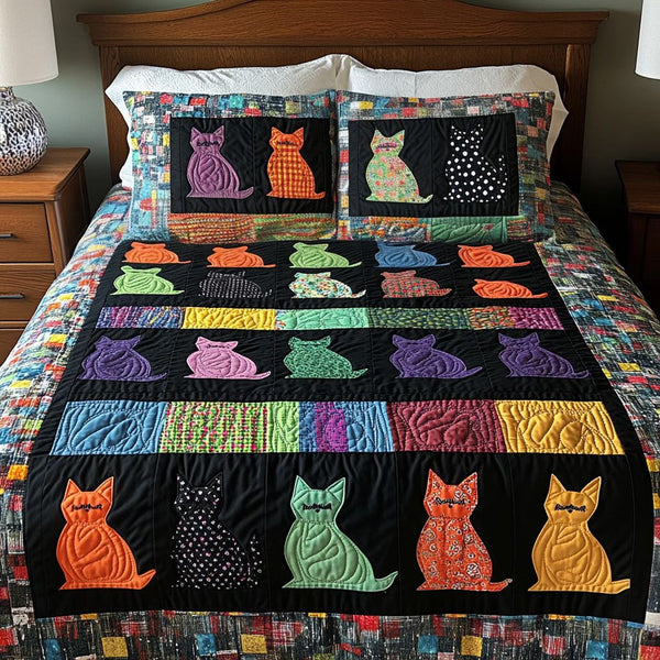 Colorful Cat Parade quilted 3-piece bedding set on a made bed with two matching pillow shams
