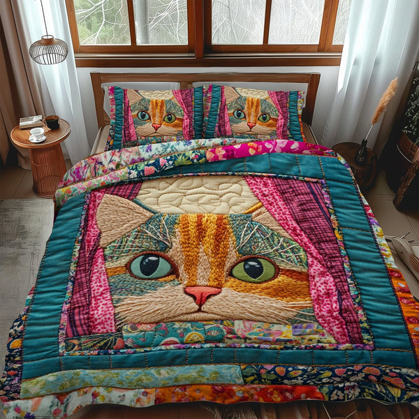 Colorful Cat Peeking quilted 3-piece bedding set on a made bed with two matching pillow shams