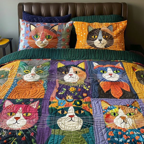 Colorful Catnap quilted 3-piece bedding set on a made bed with two matching pillow shams