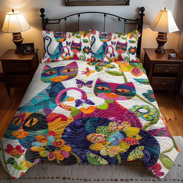 Colorful Cats quilted 3-piece bedding set on a made bed with two matching pillow shams