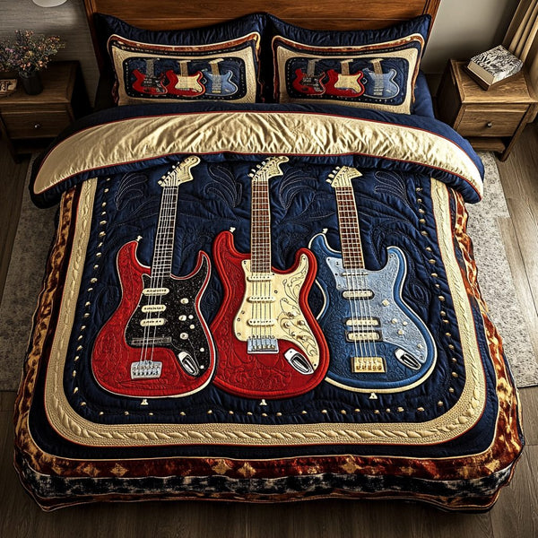 Colorful Chords quilted 3-piece bedding set on a made bed with two matching pillow shams