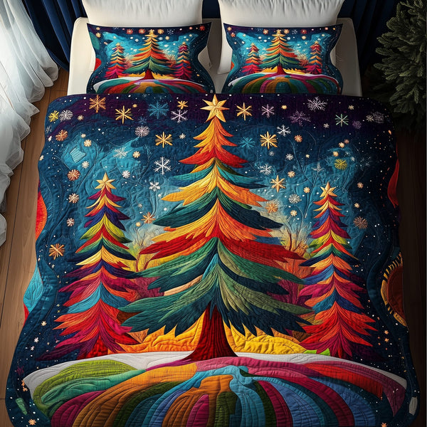Colorful Christmas Tree quilted 3-piece bedding set on a made bed in a winter-styled bedroom