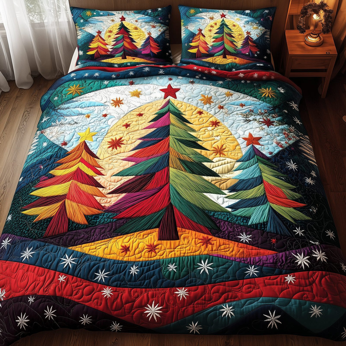 Colorful Christmas Tree quilted 3-piece bedding set on a made bed in a winter-styled bedroom
