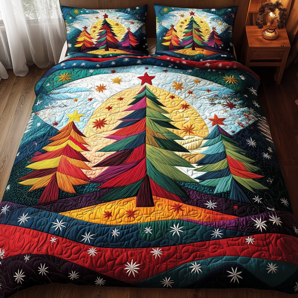 Colorful Christmas Tree quilted 3-piece bedding set on a made bed in a winter-styled bedroom