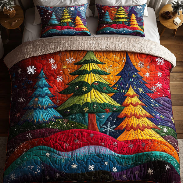 Colorful Christmas Tree quilted 3-piece bedding set on a made bed in a winter-styled bedroom
