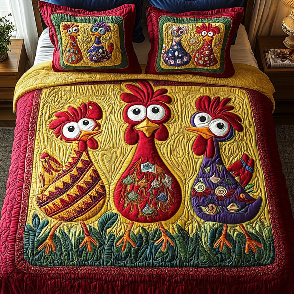 Colorful Cluckers quilted 3-piece bedding set on a made bed with two matching pillow shams