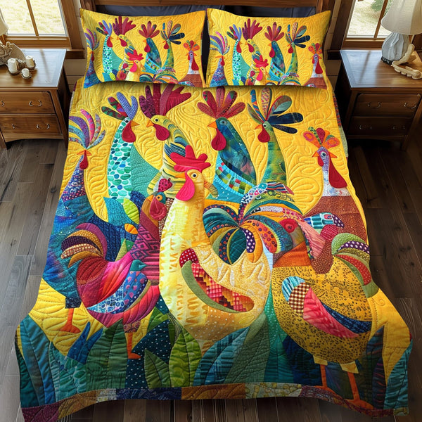 Colorful Cockcrow quilted 3-piece bedding set on a made bed with two matching pillow shams