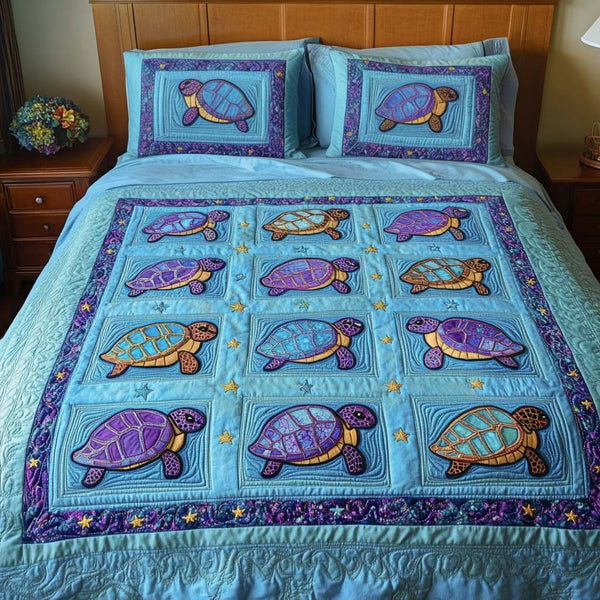 Colorful Companions quilted 3-piece bedding set on a made bed with two matching pillow shams