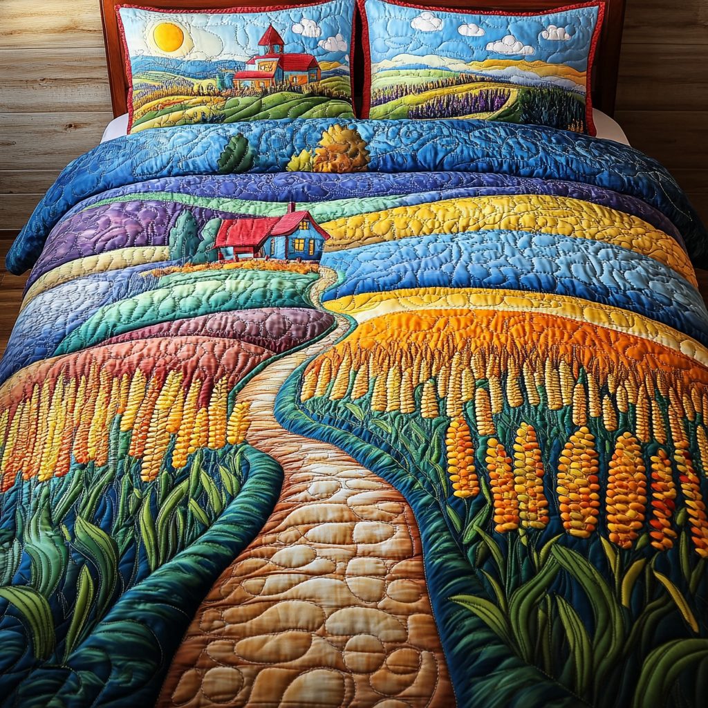Colorful Country Path quilted 3-piece bedding set on a made bed in a farmhouse bedroom