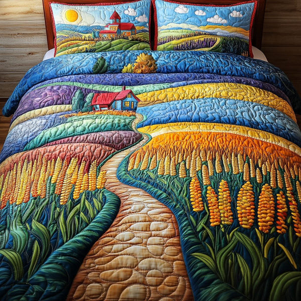 Colorful Country Path quilted 3-piece bedding set on a made bed in a farmhouse bedroom