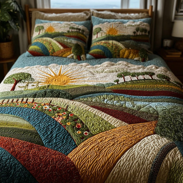 Colorful Country Road quilted 3-piece bedding set on a made bed in a farmhouse bedroom