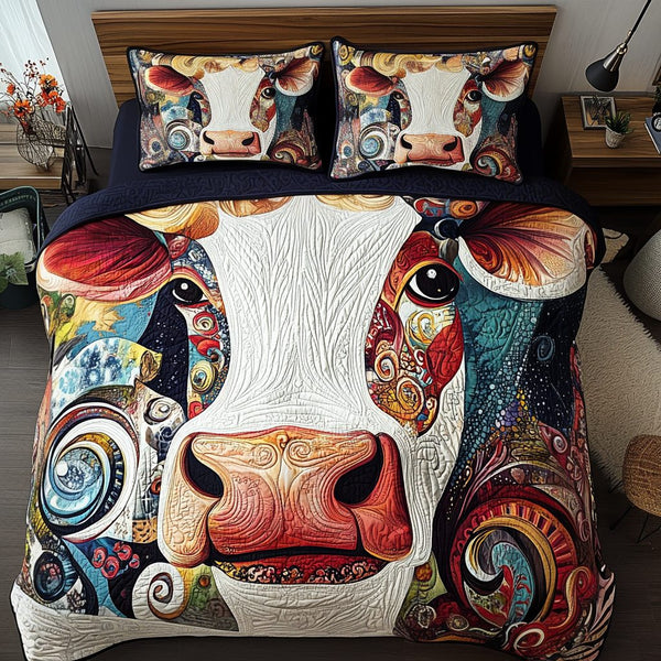 Colorful Cow quilted 3-piece bedding set on a made bed with two matching pillow shams