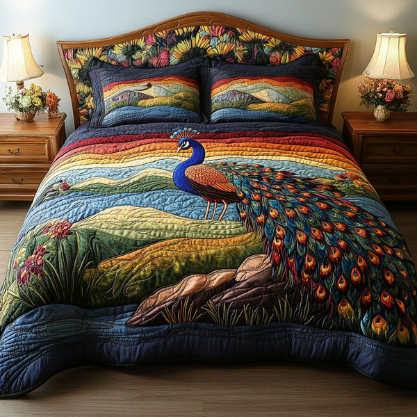 Colorful Crest in the Wild quilted 3-piece bedding set on a made bed with two matching pillow shams