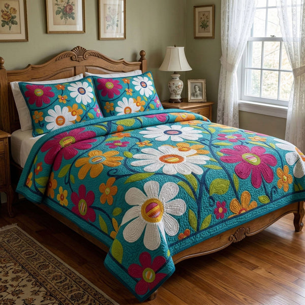 Colorful Daisy Field quilted 3-piece bedding set on a made bed with two matching pillow shams