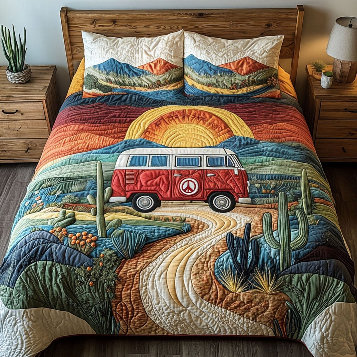 Colorful Desert Ride quilted 3-piece bedding set on a made bed with two matching pillow shams